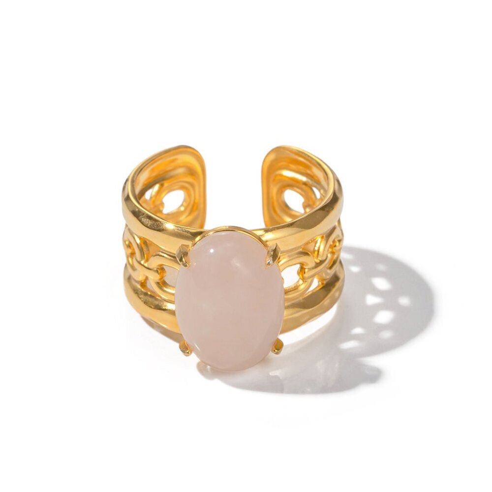 18K Gold Plated Stainless Steel Oval Pink Crystal Ring
